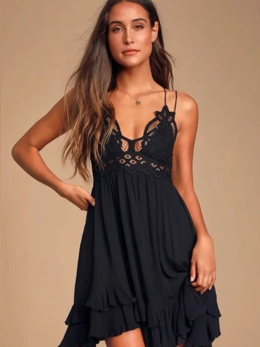Free People Adele Black Lace-Trim Slip Dress